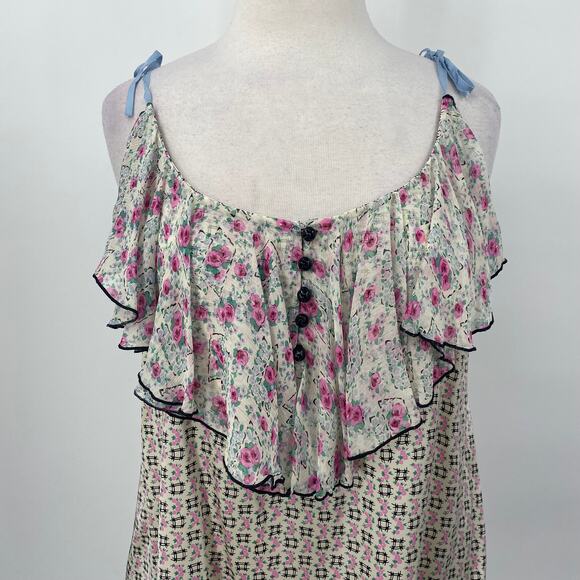 Anna Sui Silk Top Floral Geometric Mixed Print Ruffled Bodice Lace Trim Tank 4 - Picture 3 of 10